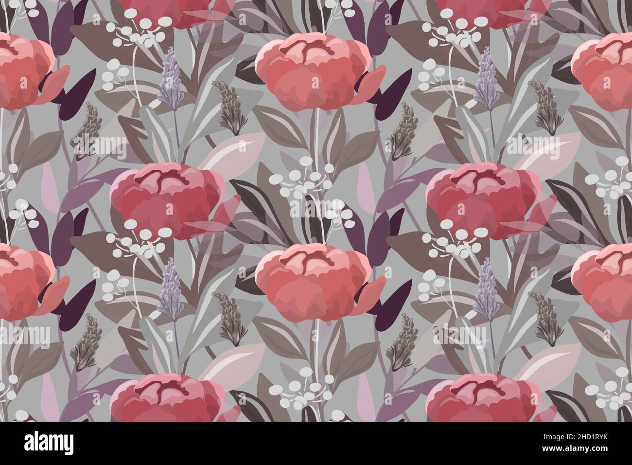 Motif fleuri vectoriel sans coutures.Fleurs rouges avec des feuilles et des tiges gris foncé sur fond gris. Illustration de Vecteur