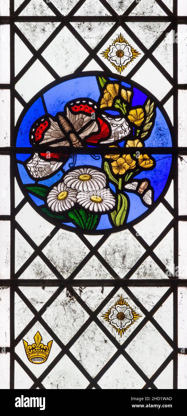 Vitraux quatre saisons dans les cocardes, église de Wortham, Suffolk, Angleterre, Royaume-Uni c 1982 - été Banque D'Images