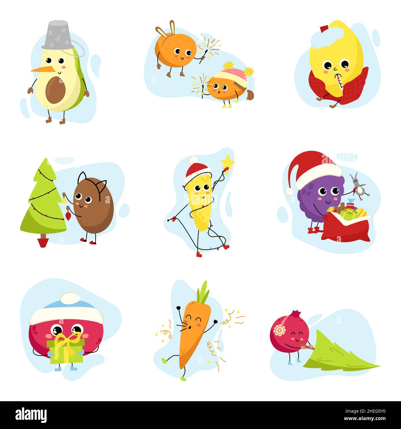 Grand jeu de personnages de fruits.Fruits, baies et légumes pendant les vacances d'hiver.Collection de mascottes pour cartes de vœux, Noël et nouvel an Illustration de Vecteur