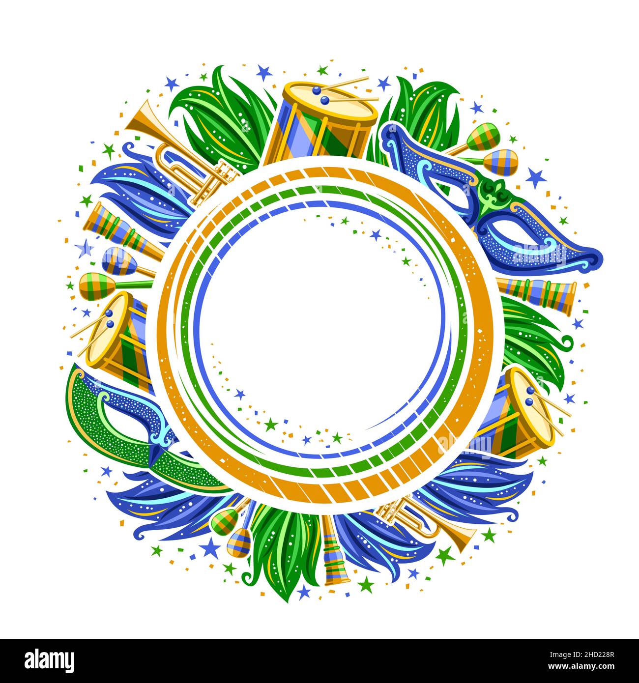 Cadre vectoriel pour le Brésil Carnaval avec copyspace, modèle rond isolé avec illustration de symboles de carnaval, instruments de musique, bleu et vert de Illustration de Vecteur