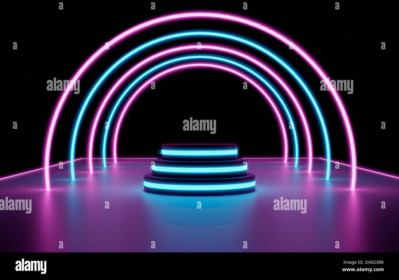 3d rendre, podiums lumineux sur un arrière-plan abstrait cosmique néon luminescent arcs laser sur la plate-forme Banque D'Images
