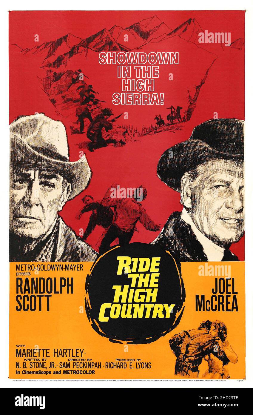 Affiche théâtrale pour la sortie américaine du film Ride the High Country de 1962.Randolph Scott, Joel McCrea.Confrontation dans le Sierra haut.Ouest. Banque D'Images