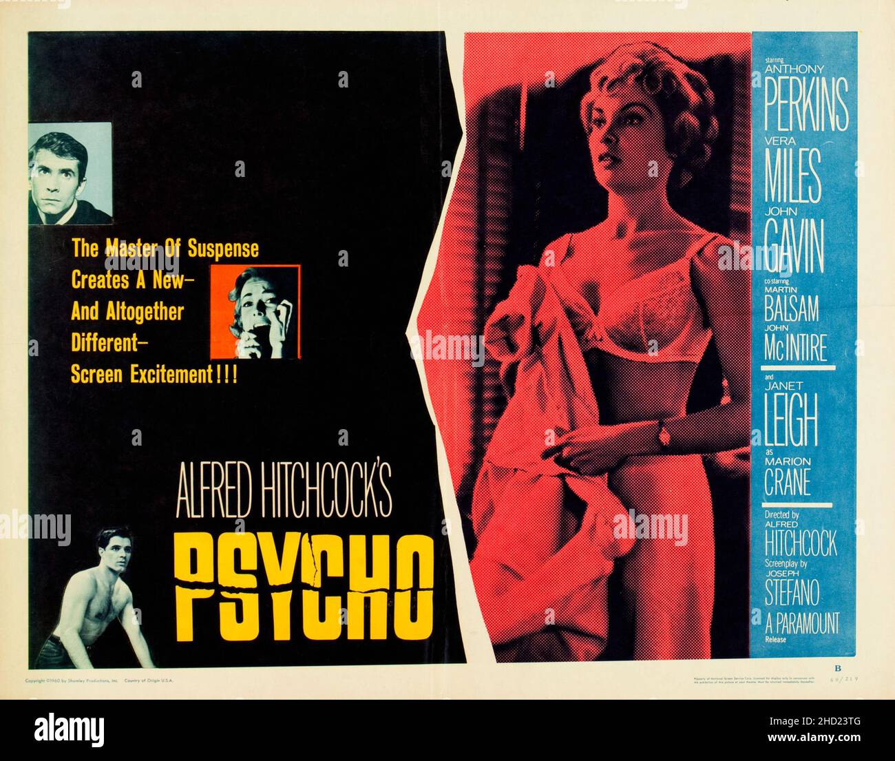 Affiche de film vintage pour Psycho (Paramount, 1960) l'exploit d'Alfred Hitchcock.Anthony Perkins, Vera Miles, John Gavin.Affiche en demi-feuille. Banque D'Images