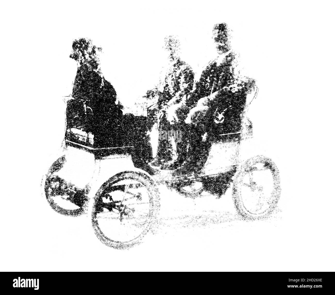 Des gens qui débardent d'une vieille automobile.Illustration faite à la main isolée sur fond blanc Banque D'Images