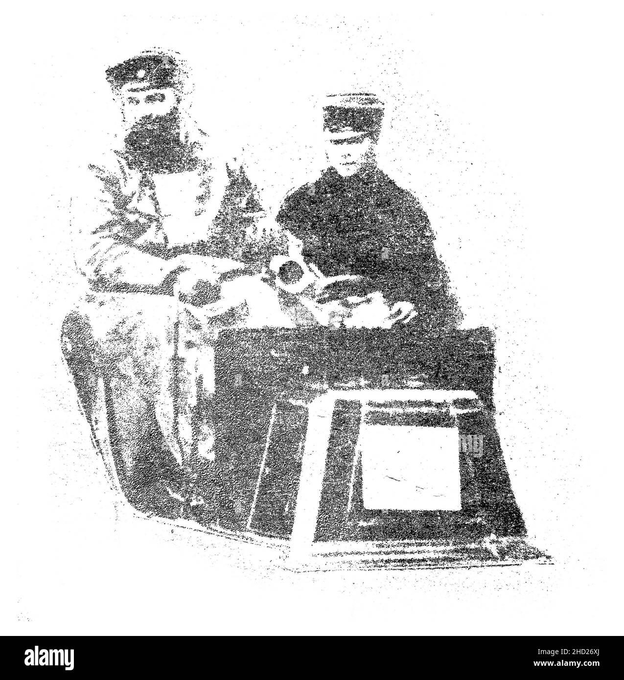 Des gens qui débardent d'une vieille automobile.Illustration faite à la main isolée sur fond blanc Banque D'Images