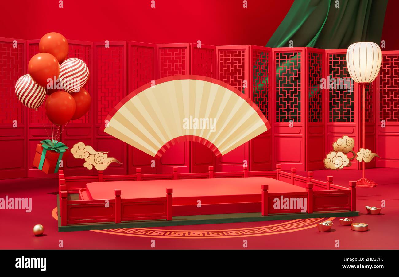 Scène vide avec arrière-plan chinois, rendu 3D.Dessin numérique informatique. Banque D'Images