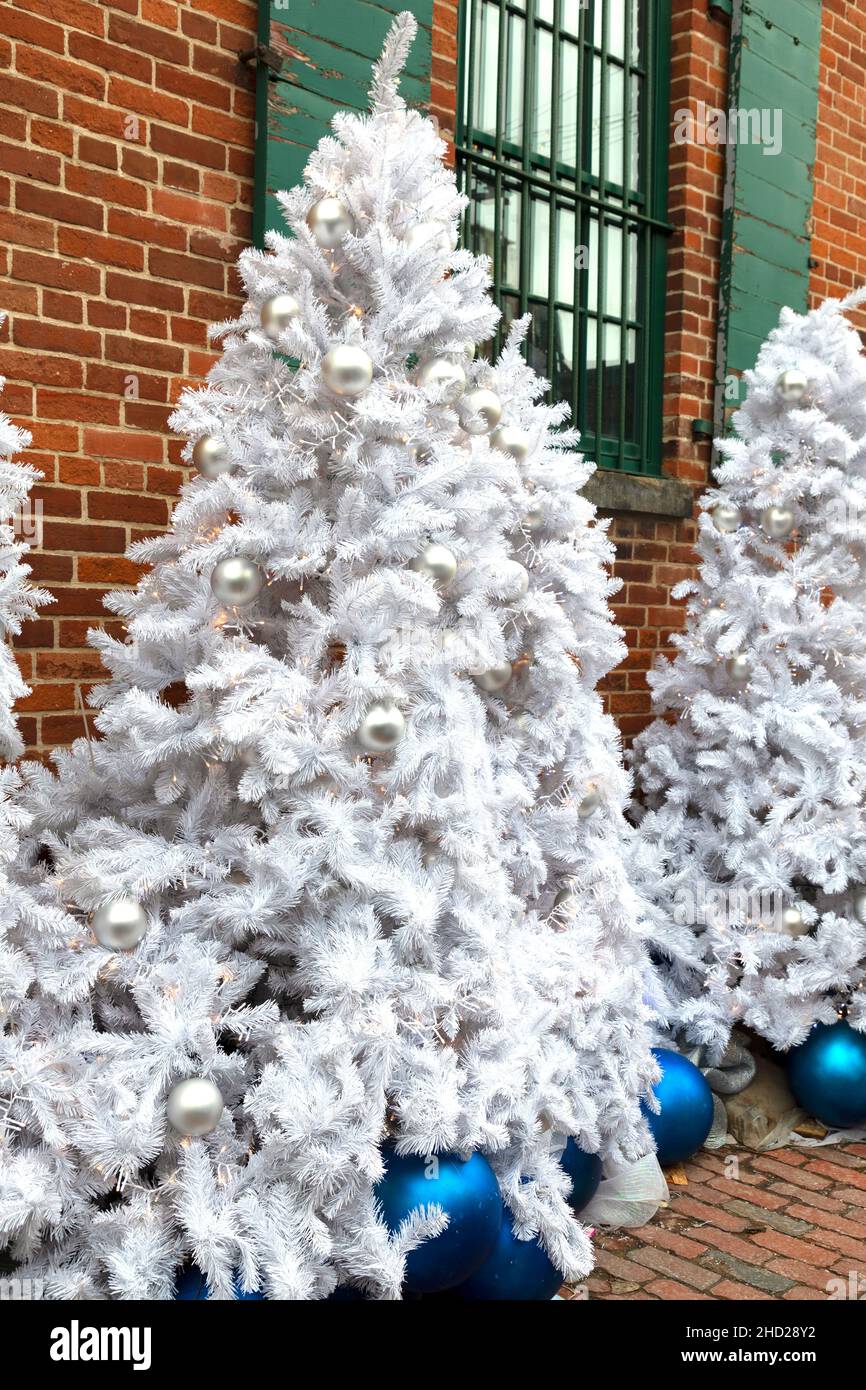 Décoration de Noël blanche avec boules sur branches de sapin. Banque D'Images