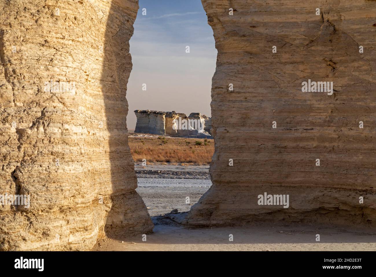 Oakley, Kansas - Monument Rocks, également connu sous le nom de Pyramides de craie, une formation de craie de Niobrara sur les plaines de l'ouest du Kansas. Banque D'Images