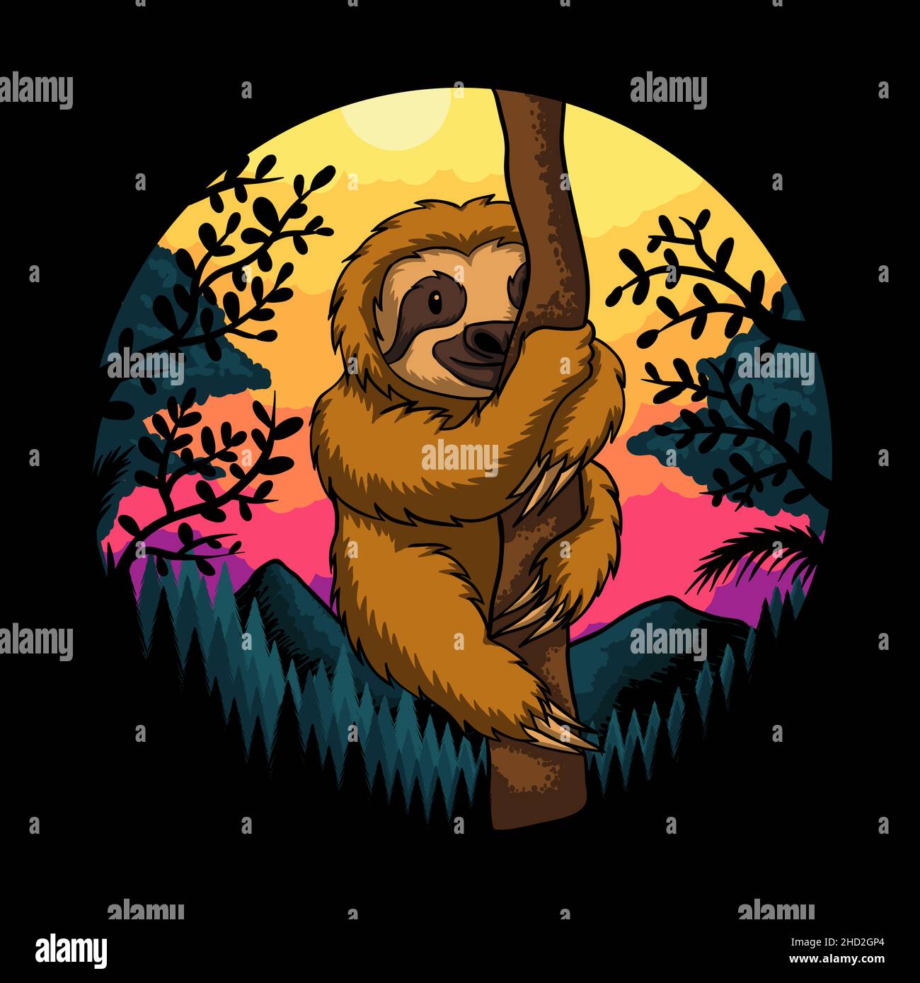 Illustration vectorielle rétro du coucher de soleil sur l'arbre de montée du sloth Illustration de Vecteur