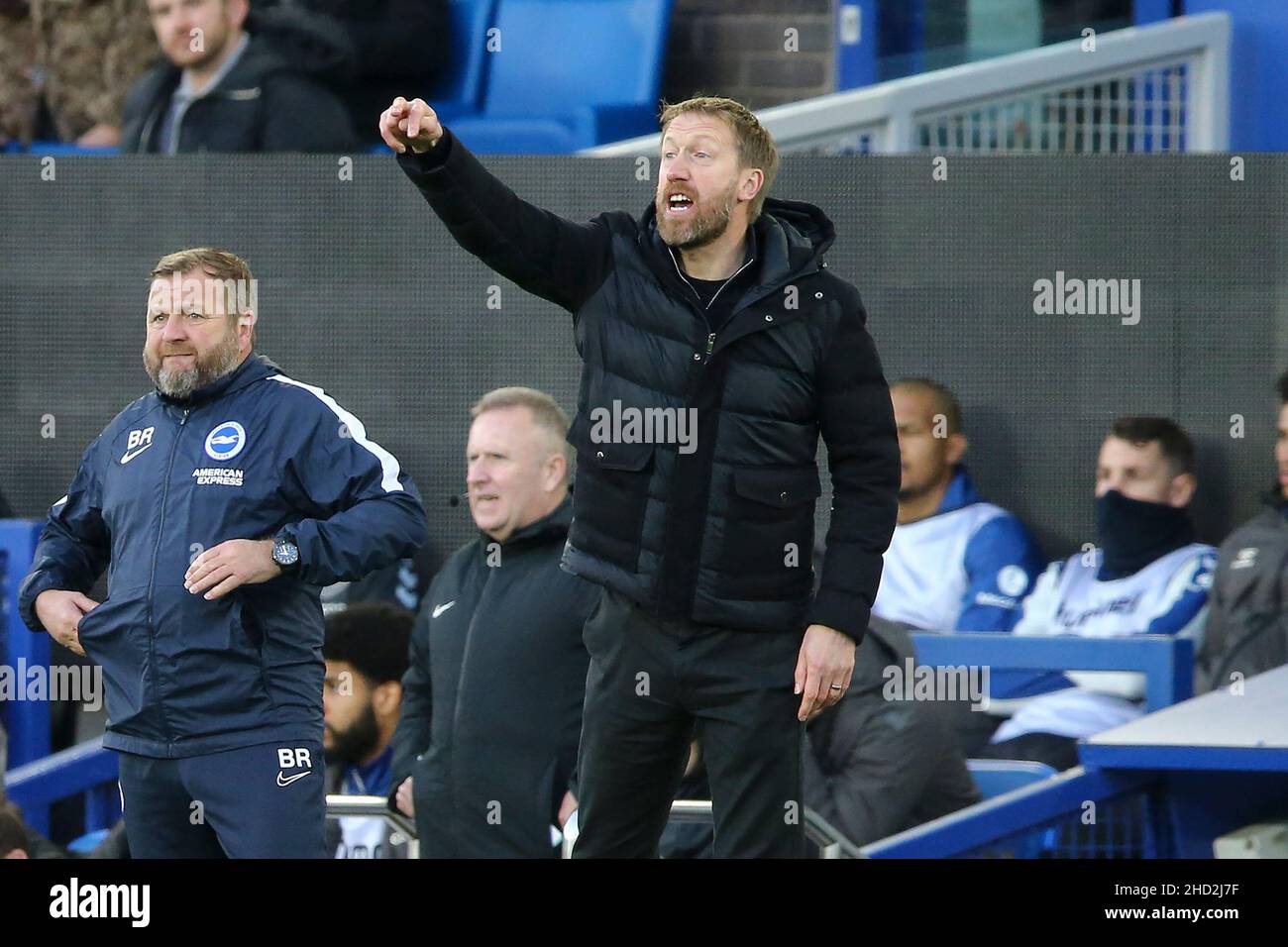 Everton, Royaume-Uni.02nd janvier 2022.Graham Potter, l'entraîneur-directeur de Brighton & Hove Albion FC, crie les instructions de son domaine technique.Premier League Match, Everton v Brighton & Hove Albion au Goodison Park de Liverpool le dimanche 2nd janvier 2022. Cette image ne peut être utilisée qu'à des fins éditoriales.Utilisation éditoriale uniquement, licence requise pour une utilisation commerciale.Aucune utilisation dans les Paris, les jeux ou les publications d'un seul club/ligue/joueur. photo par Chris Stading/Andrew Orchard sports Photography/Alamy Live News crédit: Andrew Orchard sports Photography/Alamy Live News Banque D'Images