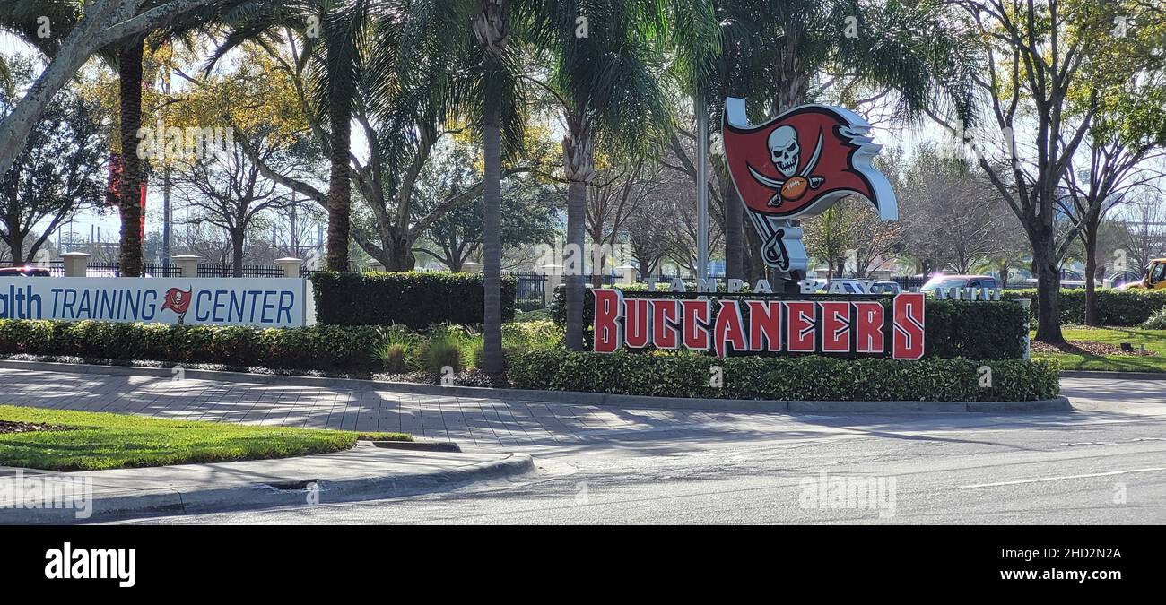 Tampa, Floride Etats-Unis - 31 janvier 2021: Vue de l'entrée du centre d'entraînement des Buccaneers de Tampa Bay Banque D'Images