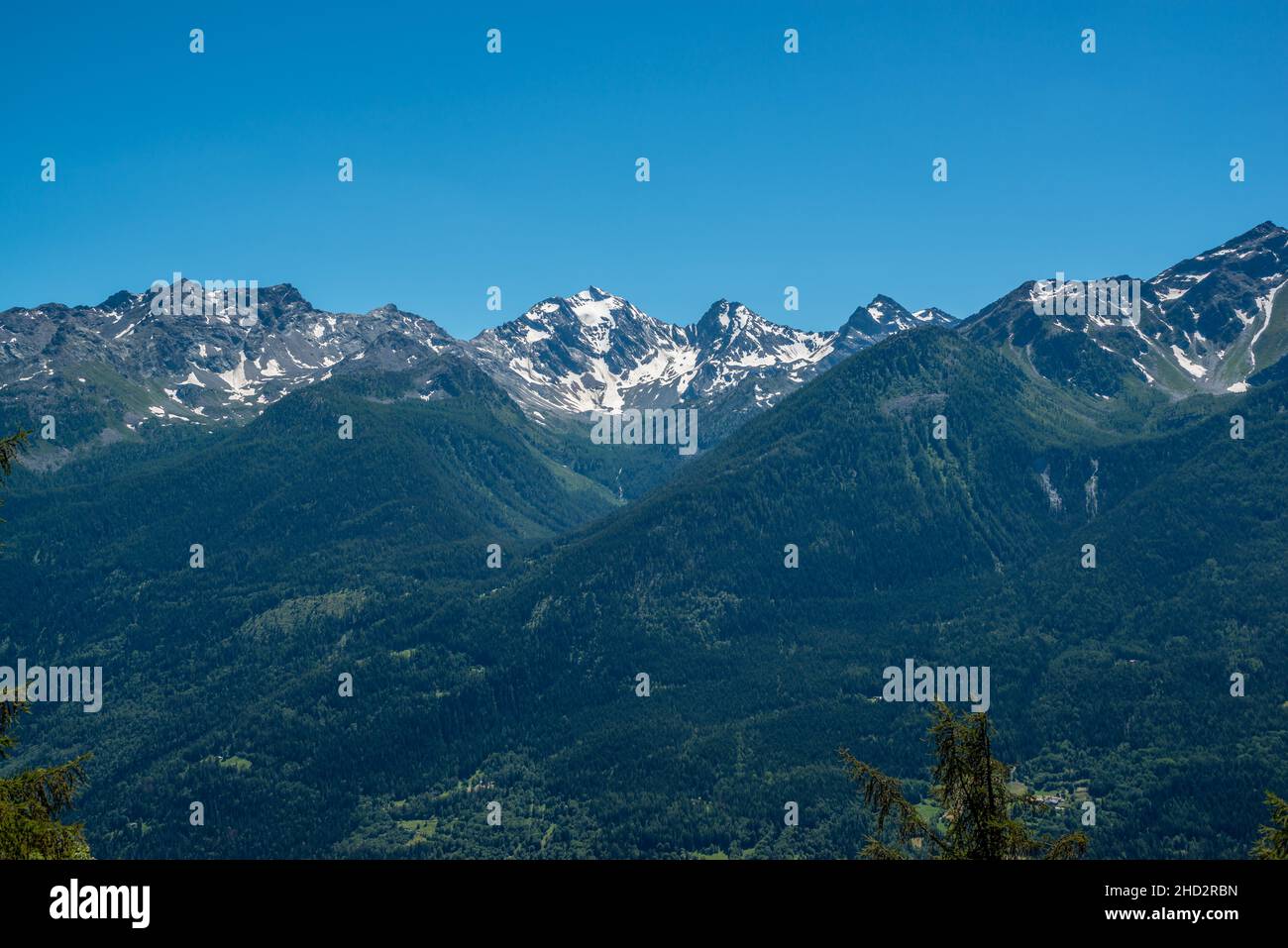 Panorama sur la montagne avec le Monte Bianco enneigé en arrière-plan Banque D'Images