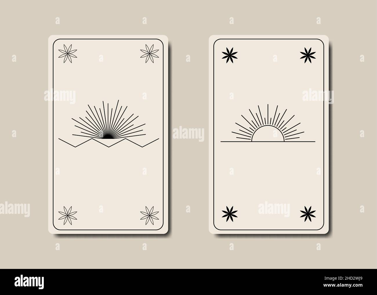 Ensemble de cartes de tarot magique, ancienne magie blanche style de boho de soleil, signe de géométrie sacrée, symboles spirituels ésotériques, Fleur de vie. Rayons de soleil, radiant.Noir Illustration de Vecteur