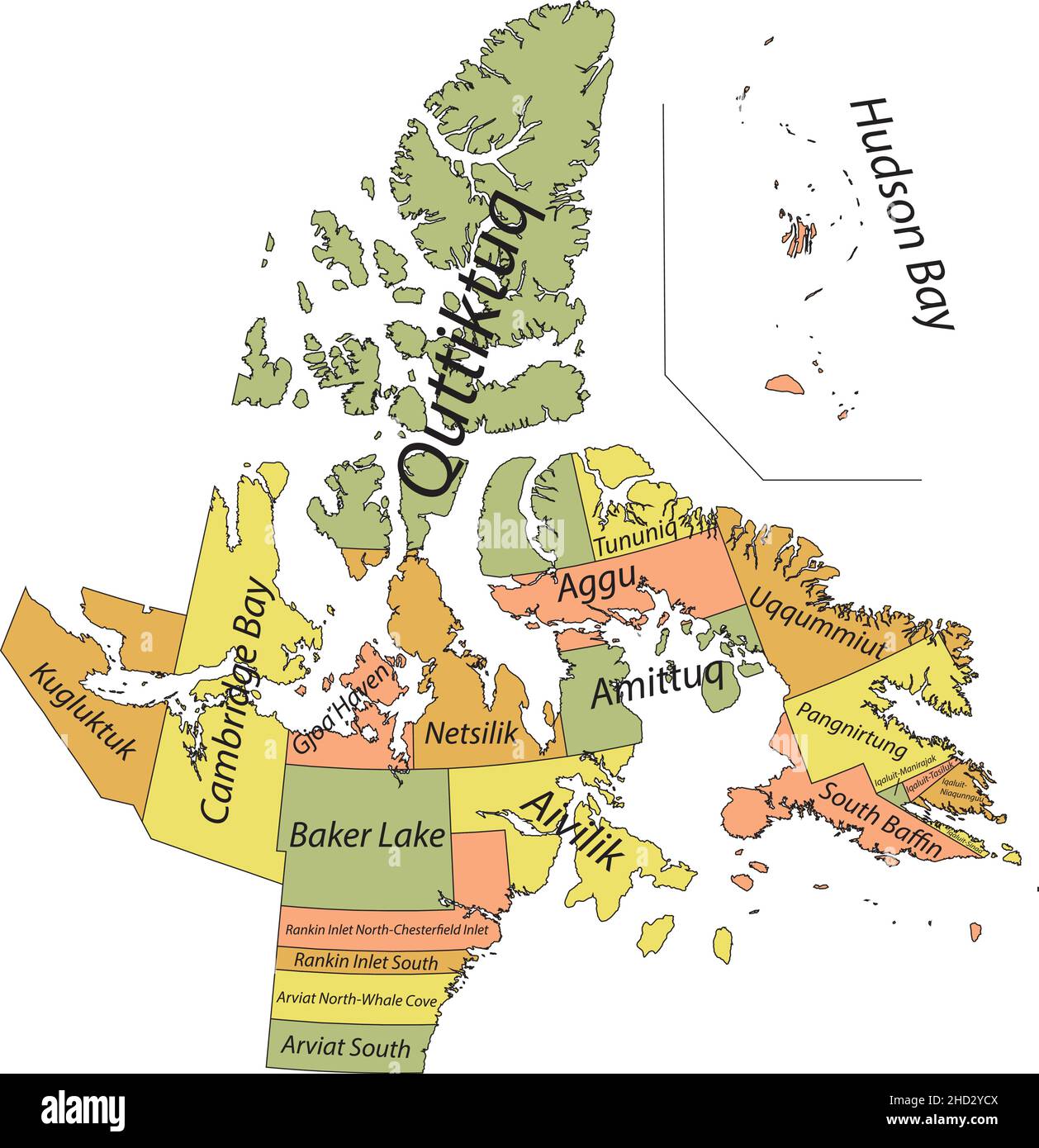 Carte administrative à vecteur plat pastel des circonscriptions territoriales du territoire canadien du NUNAVUT, CANADA, avec lignes de bordure noires et nom Illustration de Vecteur