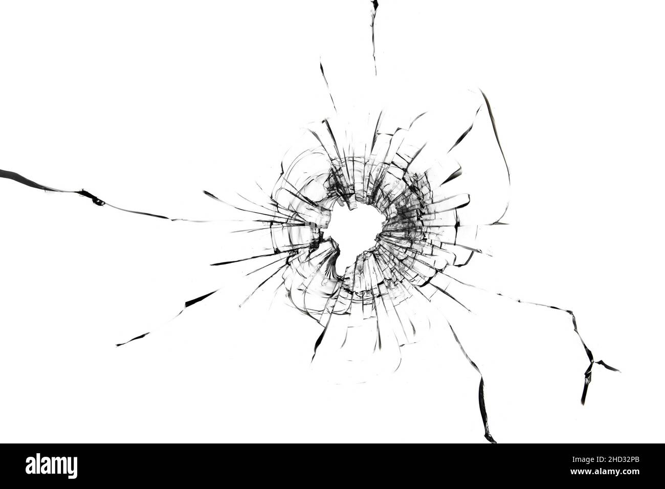 Trous de boules en verre sur fond blanc.La texture du verre brisé fissuré Banque D'Images