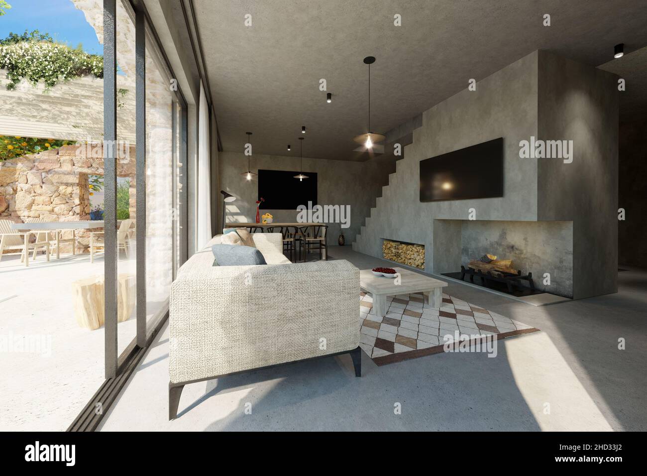 3D rendu moderne, contemporain villa intérieur salon, relié à la terrasse extérieure avec pergola couverte de végétation Banque D'Images