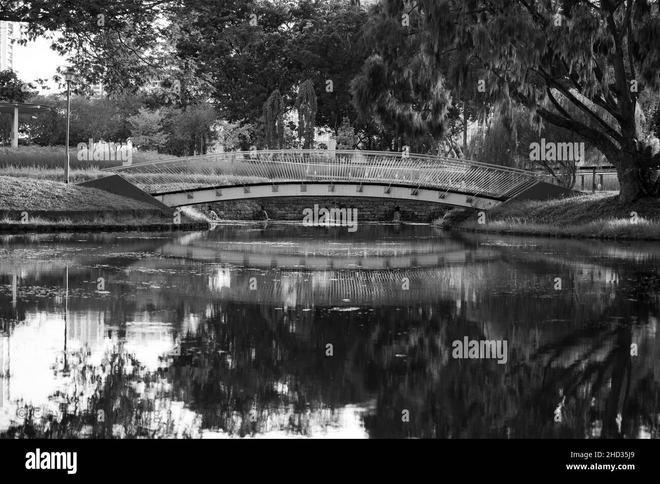 Lac clair et pont à Bishan Ang Mo Kio Park, Singapour, en noir et blanc Banque D'Images