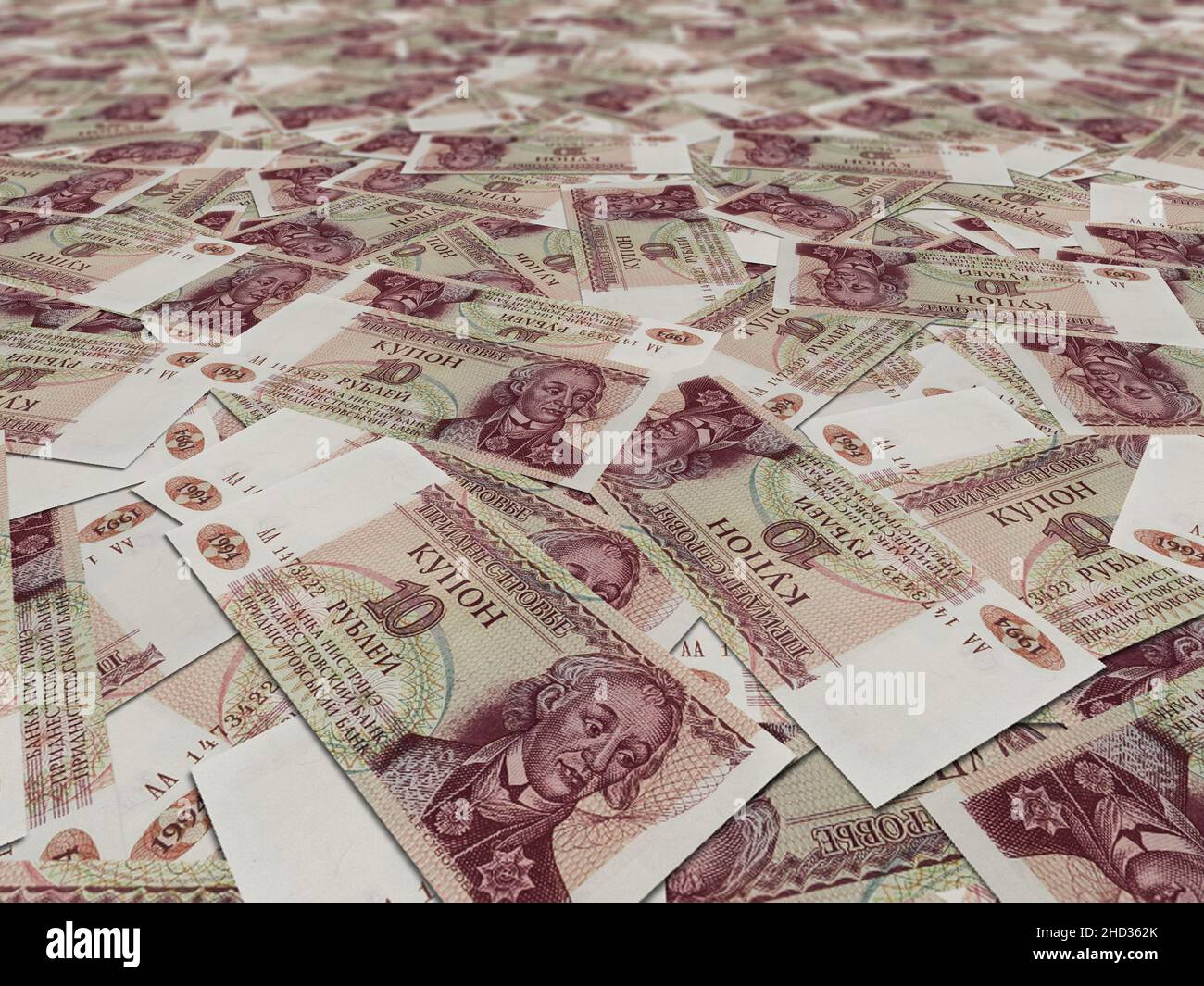 Gros plan sur les billets de 10 roubles de Transnistrie répartis dans un cadre complet Banque D'Images