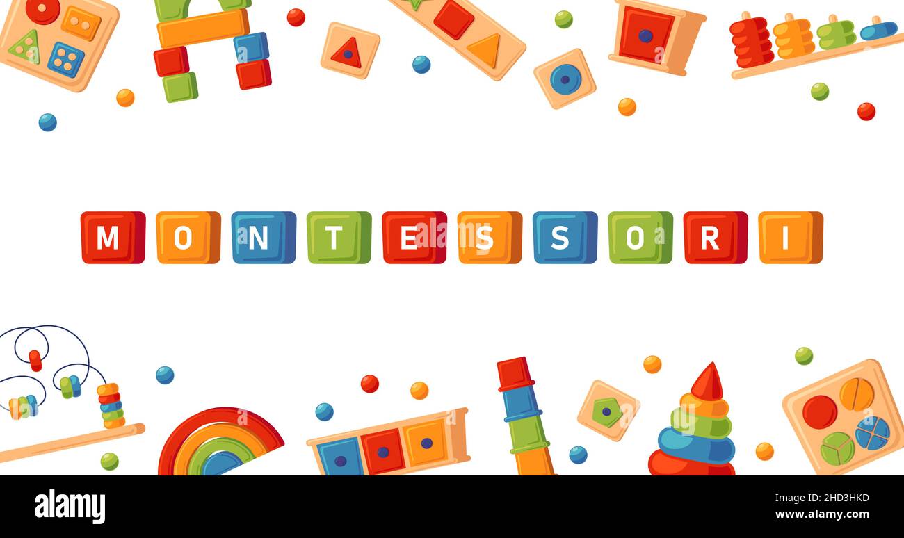 Jouets logiques d'éducation Montessori.Jouets en bois pour enfants d'âge préscolaire.Système Montessori pour le développement de la petite enfance.Bannière multicolore Illustration de Vecteur