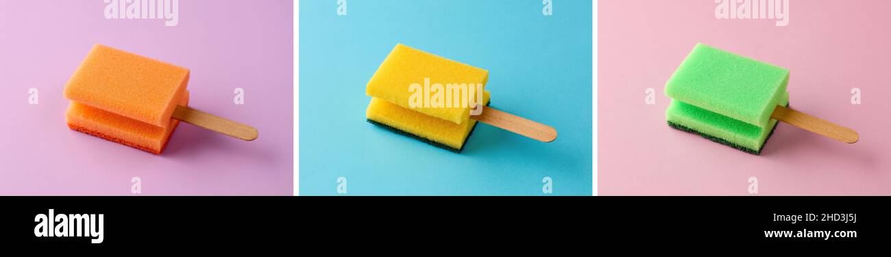 Crèmes glacées à base de popsicle colorées en éponge sur fond pastel.Concept d'hygiène domestique créatif minimal. Banque D'Images