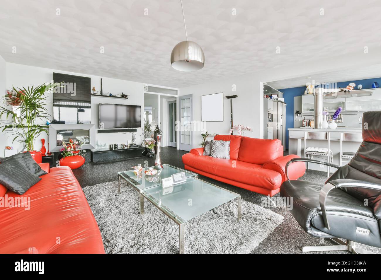 Charmant salon avec canapés en cuir rouge et moquette douce Banque D'Images