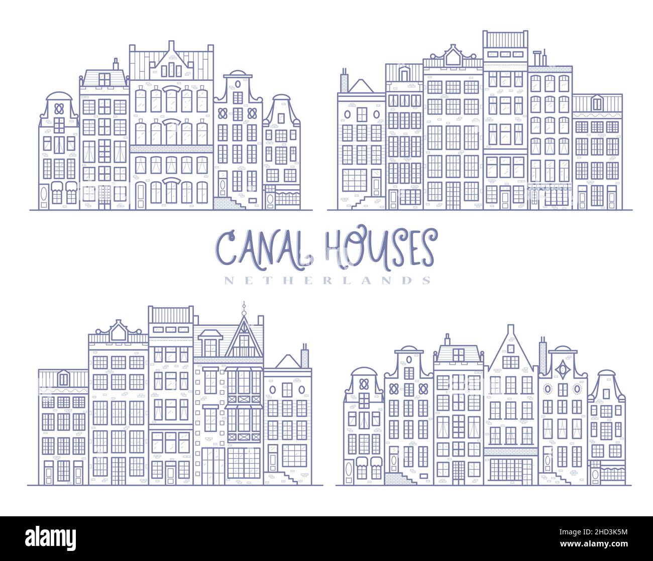 Maisons Row Amsterdam.Façades de vieux bâtiments européens de style scandinave.Les maisons de Hollande.Ensemble de vecteurs Illustration de Vecteur