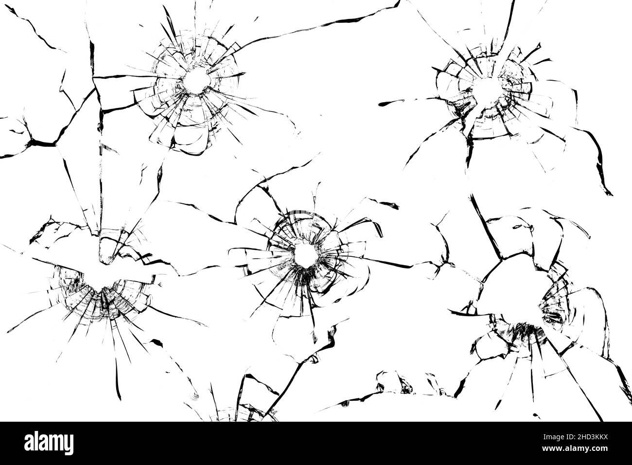 Collage de fissures dans le verre, un trou de balles dans le verre sur un fond blanc. Texture de verre de fenêtre. Banque D'Images