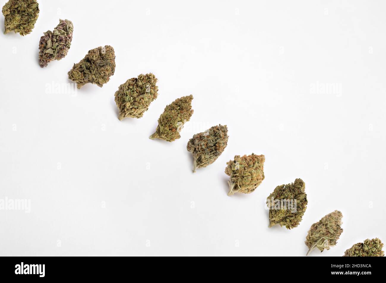 Ligne diagonale en cannabis séché isolée sur fond blanc Banque D'Images