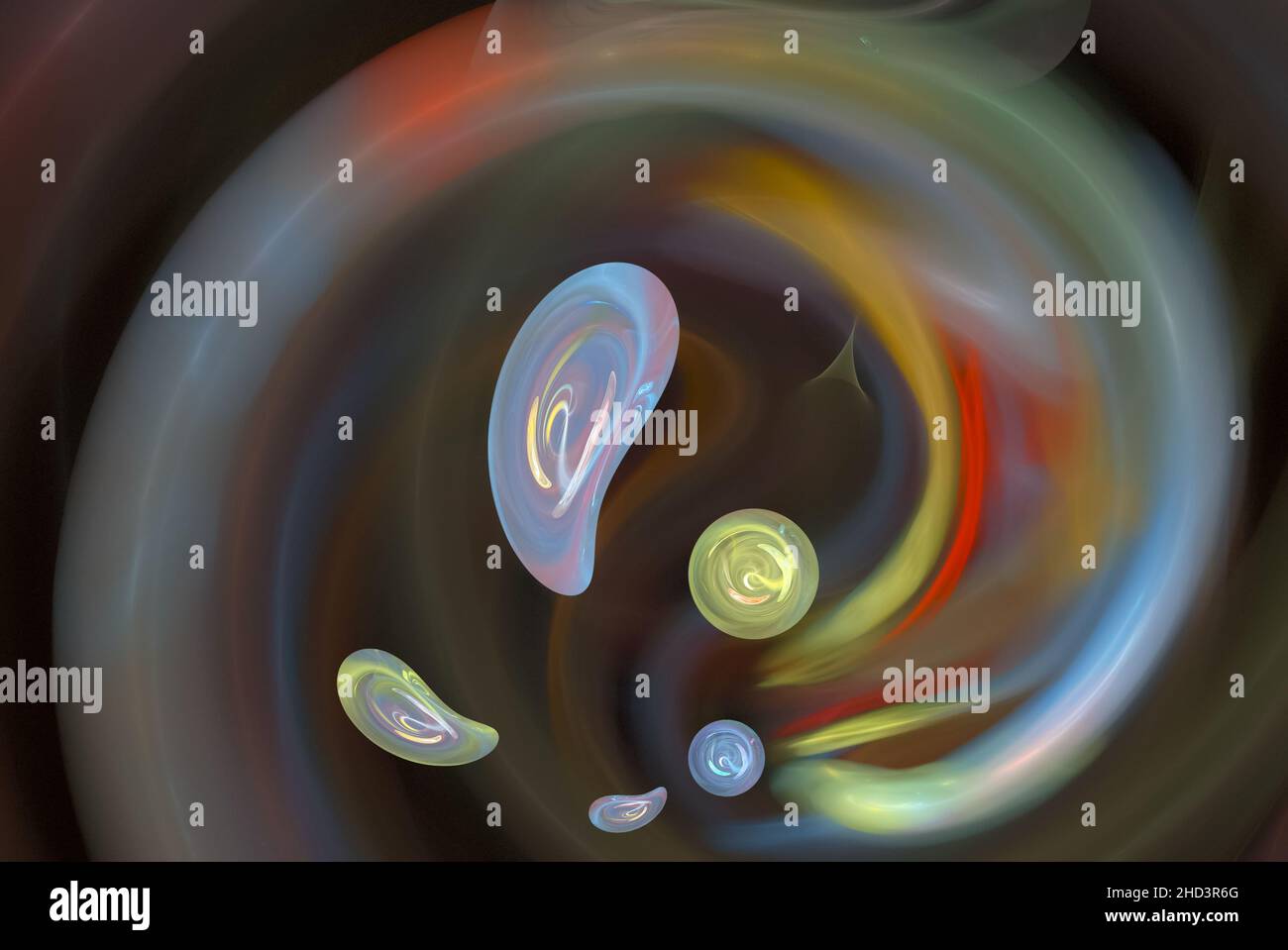 Fractale, un tourbillon abstrait coloré avec des gouttes volantes différentes sur un fond sombre Banque D'Images