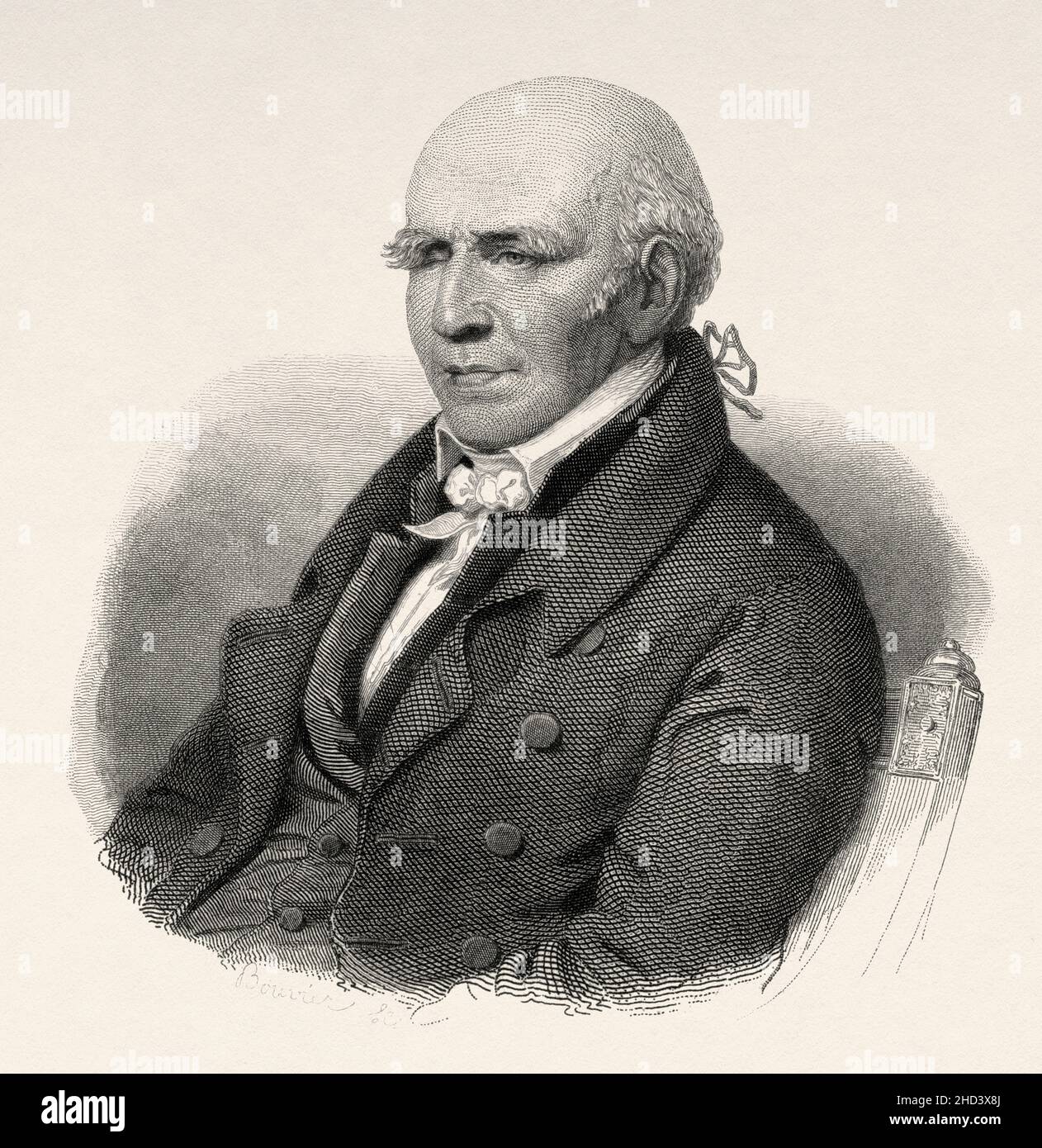 Stephen Girard (1750-1831), né Étienne Girard, est un philanthrope américain, banquier et propriétaire d'esclaves d'origine française.Il a sauvé le gouvernement des États-Unis de l'effondrement financier pendant la guerre de 1812, et est devenu l'un des plus riches en Amérique, estimé avoir été le quatrième américain le plus riche de tous les temps.France.Europe.Ancienne illustration gravée du 19th siècle de Portraits et histoire des hommes utile par Societe Montyon et Franklin 1837 Banque D'Images