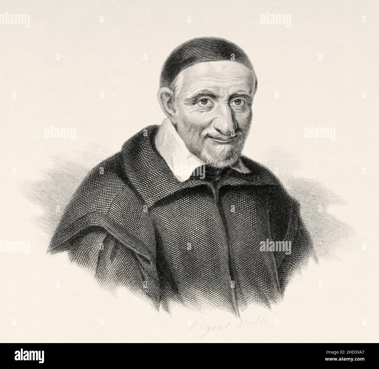 Saint Vincent de Paul (1581-1660) prêtre catholique français.Une des figures les plus représentatives du catholicisme en France du XVIIe siècle, créateur des conférences de la Charité en 1617, également de la Congrégation de la Mission, également appelée Paúles Missionnaires, Royal Limosnero de Louis XIIIFrance.Europe.Ancienne illustration gravée du 19th siècle de Portraits et histoire des hommes utile par Societe Montyon et Franklin 1837 Banque D'Images