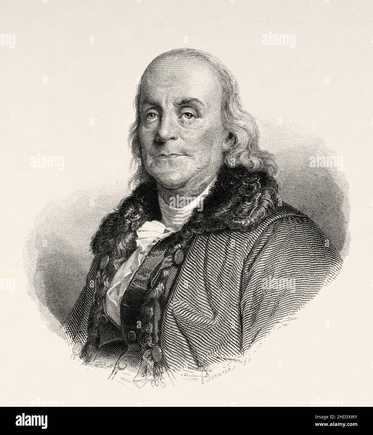 Benjamin Franklin (1706-1790) était un polymath américain qui était actif en tant qu'écrivain, scientifique, inventeur, homme d'État, diplomate,imprimeur, éditeur et philosophe politique.L'un des Pères fondateurs des États-Unis, rédacteur et signataire de la Déclaration d'indépendance des États-Unis, et le premier ministre des postes aux États-Unis.Ancienne illustration gravée du 19th siècle de Portraits et histoire des hommes utile par Societe Montyon et Franklin 1837 Banque D'Images