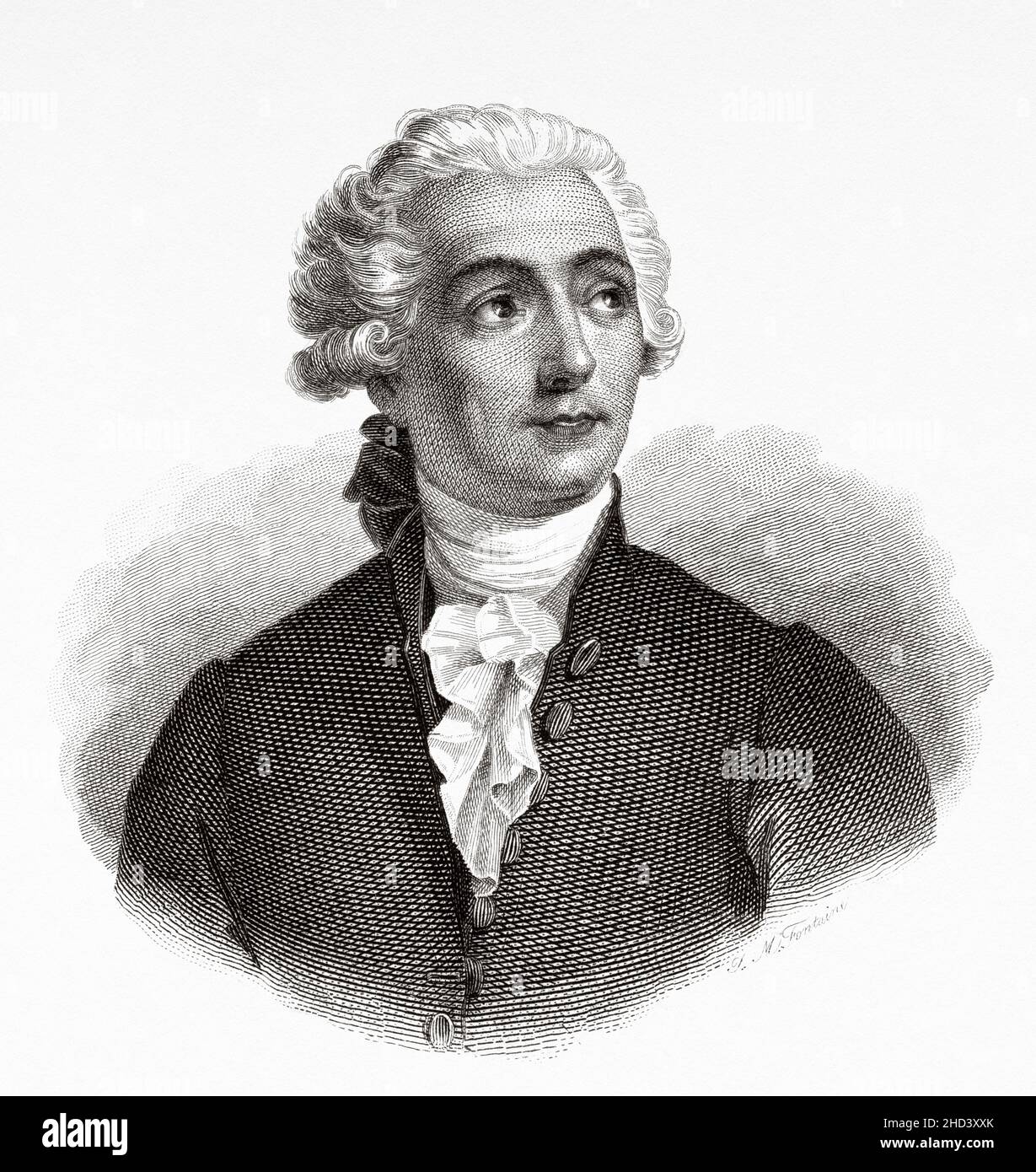 Antoine-Laurent de Lavoisier (1743-1794) Antoine Lavoisier, après la Révolution française, est un noble et chimiste français qui a été au centre de la révolution chimique de 18th ans et qui a eu une grande influence sur l'histoire de la chimie et l'histoire de la biologie.France.Europe.Ancienne illustration gravée du 19th siècle de Portraits et histoire des hommes utile par Societe Montyon et Franklin 1837 Banque D'Images