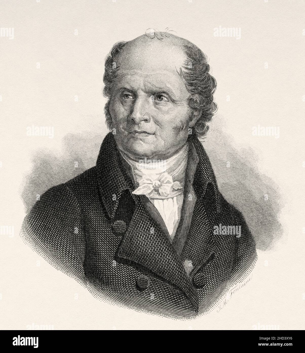 Christophe-Philippe Oberkampf (1738-1815) est un industriel allemand naturalisé français.Il est devenu célèbre pour avoir fondé la fabrication royale de coton imprimé de Jouy-en-Josas où le voile de Jouy a été fabriqué.France.Europe.Ancienne illustration gravée du 19th siècle de Portraits et histoire des hommes utile par Societe Montyon et Franklin 1837 Banque D'Images