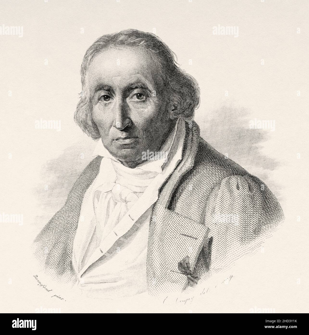 Jacquard.Joseph Marie Charles (1752-1834) était un tisserand et marchand français.Il a joué un rôle important dans le développement du premier métier à tisser programmable le métier à tisser jacquard.France.Europe.Ancienne illustration gravée du 19th siècle de Portraits et histoire des hommes utile par Societe Montyon et Franklin 1837 Banque D'Images