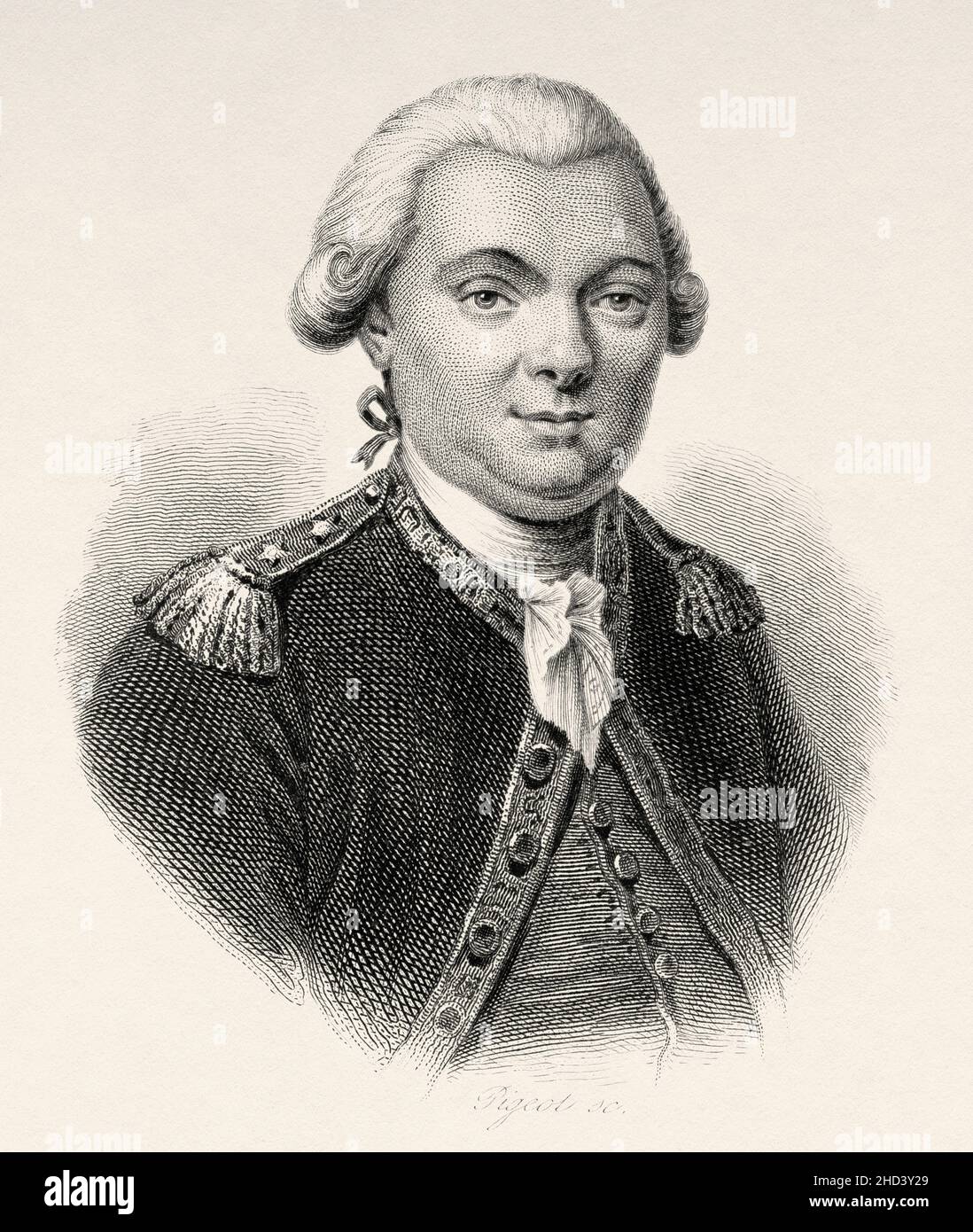 Jean François de Galaup (1741-1788) comte de Lapérouse, est un officier de marine et explorateur français qui détruit les récifs de Vanikoro dans les îles Salomon.France.Europe.Ancienne illustration gravée du 19th siècle de Portraits et histoire des hommes utile par Societe Montyon et Franklin 1837 Banque D'Images