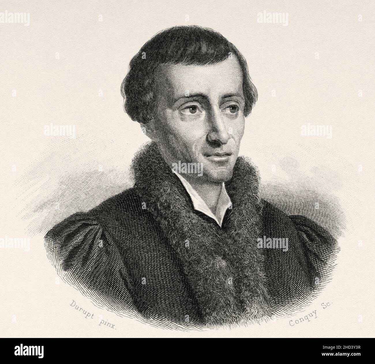 Nicolaus Copernic (1473-1543) était un polymath de la Renaissance, actif en tant que mathématicien, astronome et canon catholique, qui a formulé un modèle de l'univers qui a placé le Soleil plutôt que la Terre à son centre.Europe.Ancienne illustration gravée du 19th siècle de Portraits et histoire des hommes utile par Societe Montyon et Franklin 1837 Banque D'Images