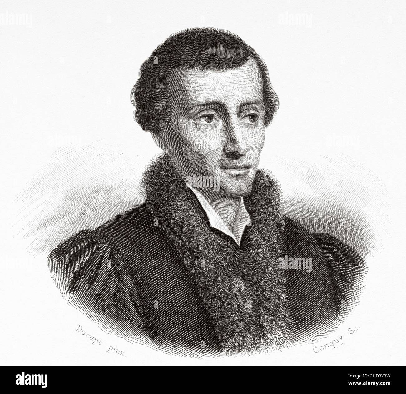 Nicolaus Copernic (1473-1543) était un polymath de la Renaissance, actif en tant que mathématicien, astronome et canon catholique, qui a formulé un modèle de l'univers qui a placé le Soleil plutôt que la Terre à son centre.Europe.Ancienne illustration gravée du 19th siècle de Portraits et histoire des hommes utile par Societe Montyon et Franklin 1837 Banque D'Images