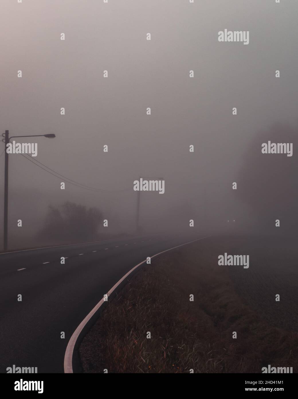 Route en courbe avec brouillard très épais.Les phares de la voiture s'éclairent par le brouillard.Style cinématographique.Heure d'automne. Banque D'Images