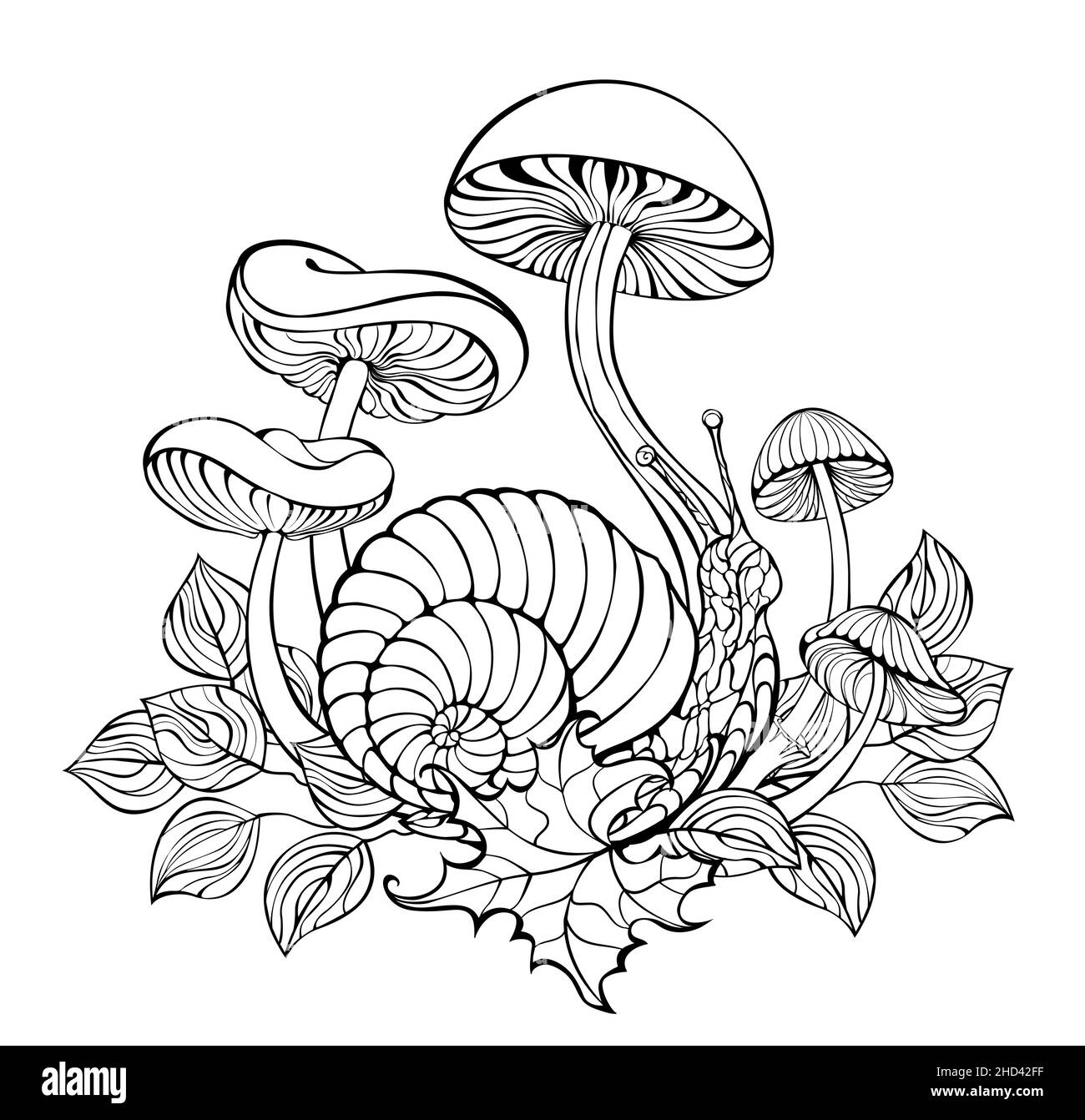 Escargot de contour rampant parmi les grands champignons forestiers et les feuilles d'automne sur fond blanc.Coloriage.Dessin de contour. Illustration de Vecteur