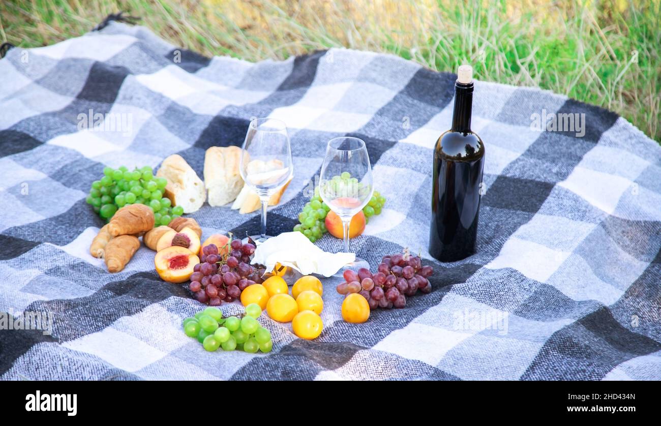 une fille dans la nature boit du vin. Banque D'Images