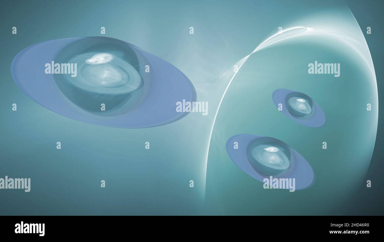 Fractales, OVNIS abstraits volant hors du portail, contre le ciel bleu Banque D'Images