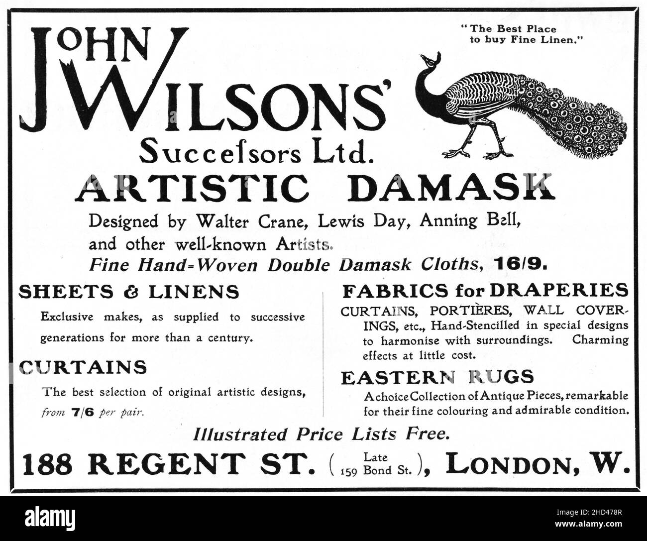 Une publicité de 1902 faisant la promotion des produits de John Wilsonss’ Referents Ltd., 188 Regent Street, Londres.« Damas artistique conçu par Walter Crane, Lewis Day, Anning Bell et d'autres artistes bien connus ».« le meilleur endroit pour acheter du linge fin ».« draps et linges – rideaux – tissus pour draperies, rideaux, portières, revêtements muraux, etc., tapis orientaux ». Banque D'Images