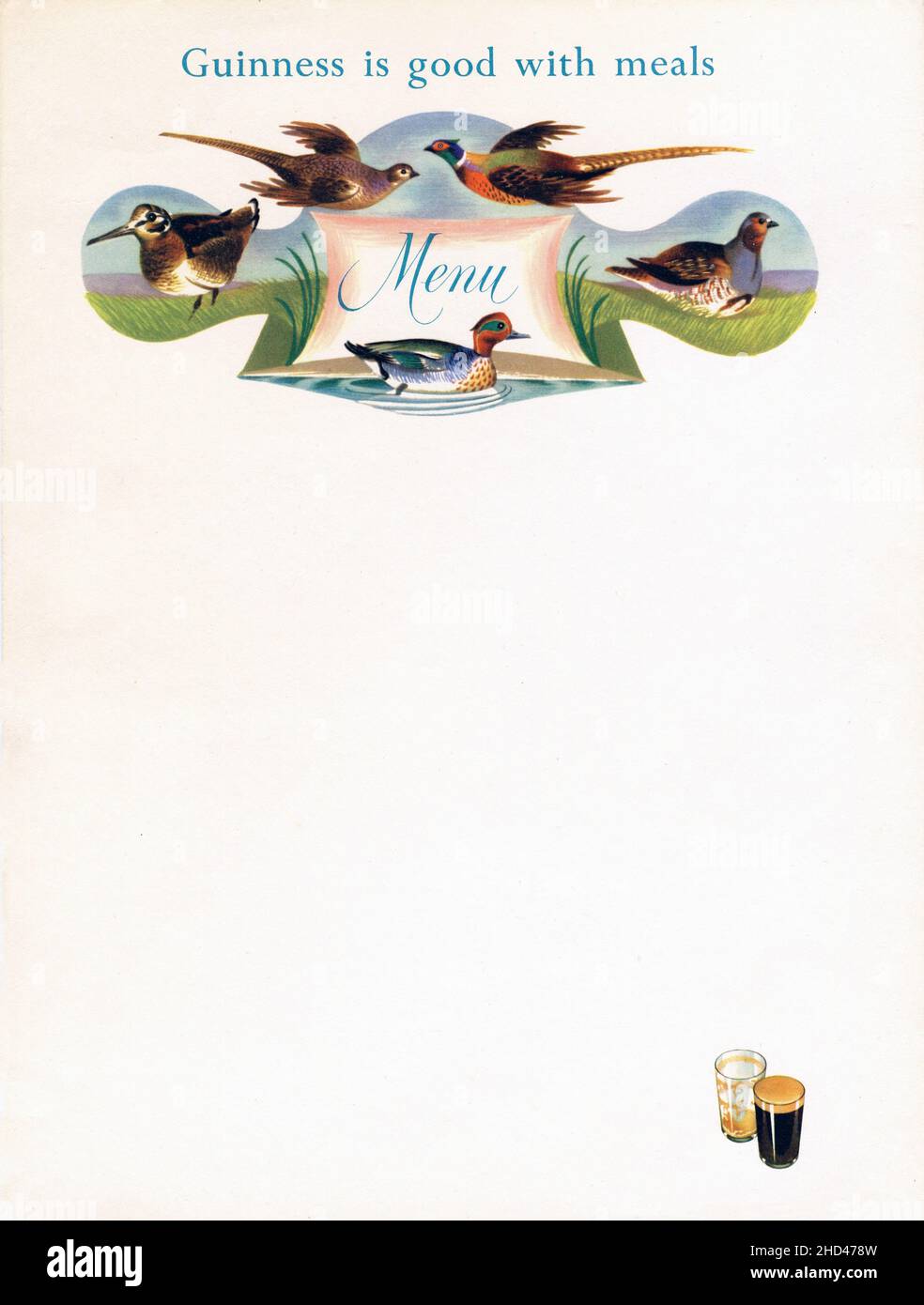 Un menu publicitaire Guinness vintage 1950s décoré avec des oiseaux de jeu et portant le slogan publicitaire, “Guinness est bon avec des repas”. Banque D'Images