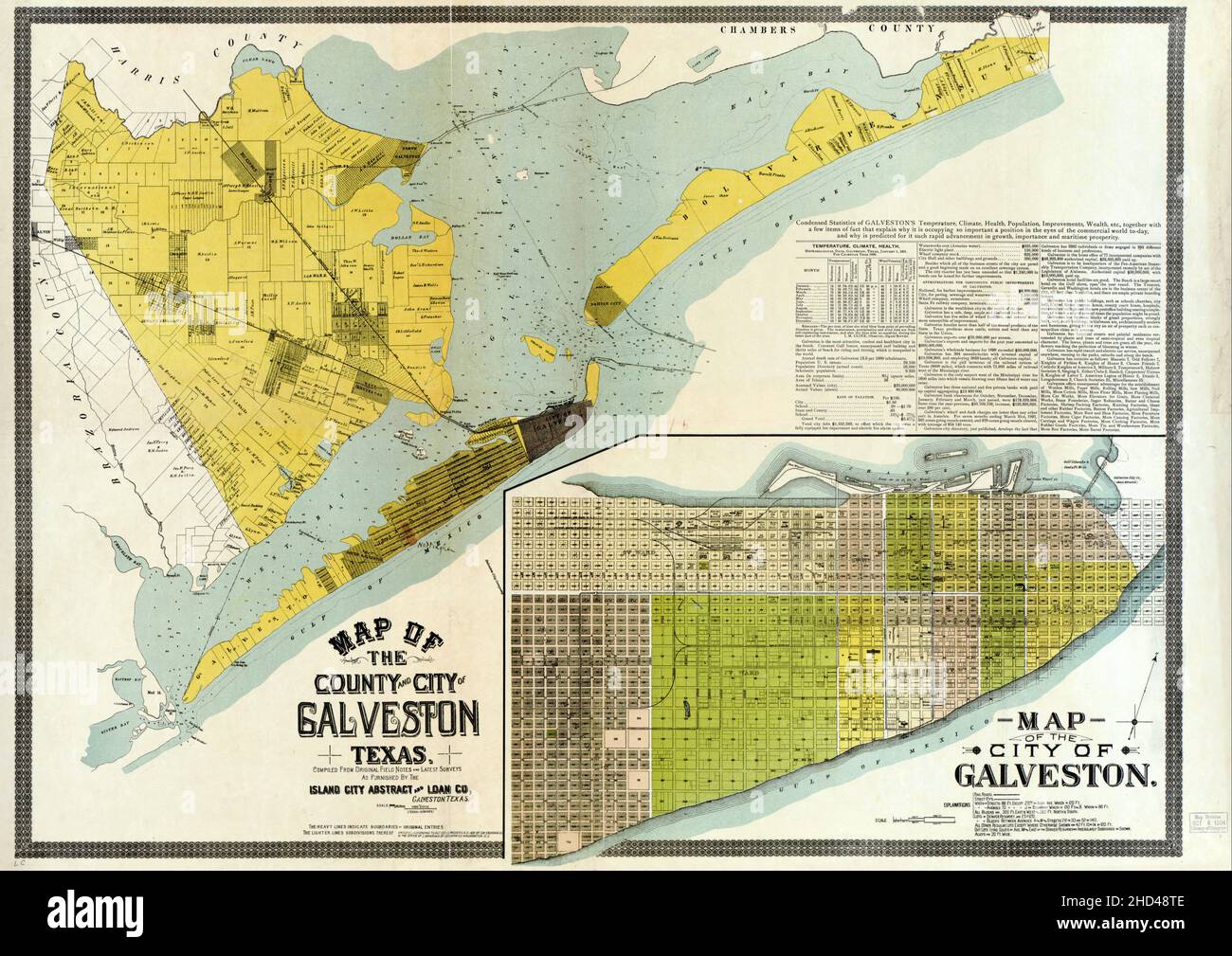 Une carte du dix-neuvième siècle du comté et de la ville de Galveston, Texas Banque D'Images