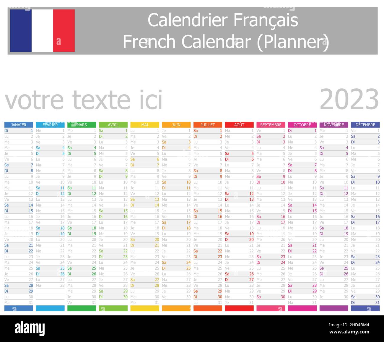 Calendrier 2023 du planificateur français avec mois verticaux sur fond blanc Illustration de Vecteur