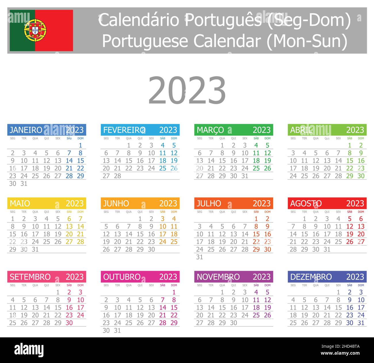 Calendrier Portugais 2023 2023 Portugais Type-1 Calendrier Mon-Soleil Sur Fond Blanc Image  Vectorielle Stock - Alamy