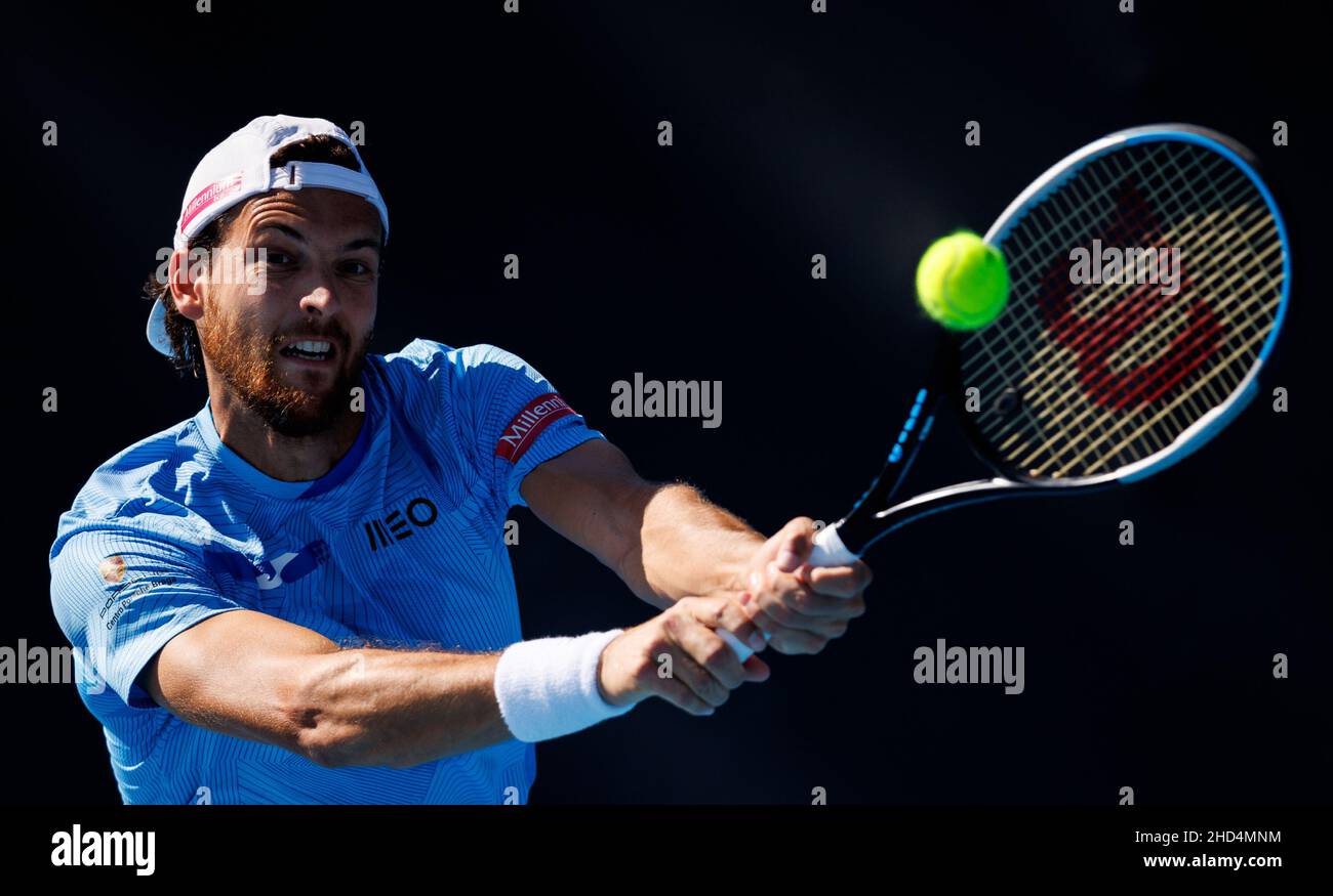 JOAO SOUSA (por) en action lors de la qualification estivale 2022 de Melbourne le lundi 2022 janvier, Melbourne Park Banque D'Images