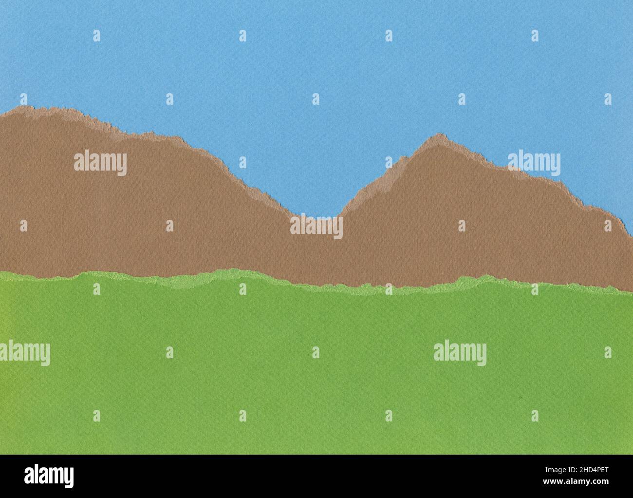 Pâturage vert et montagnes lointaines sous ciel bleu.Illustration paysage de papier texturé déchiré. Banque D'Images