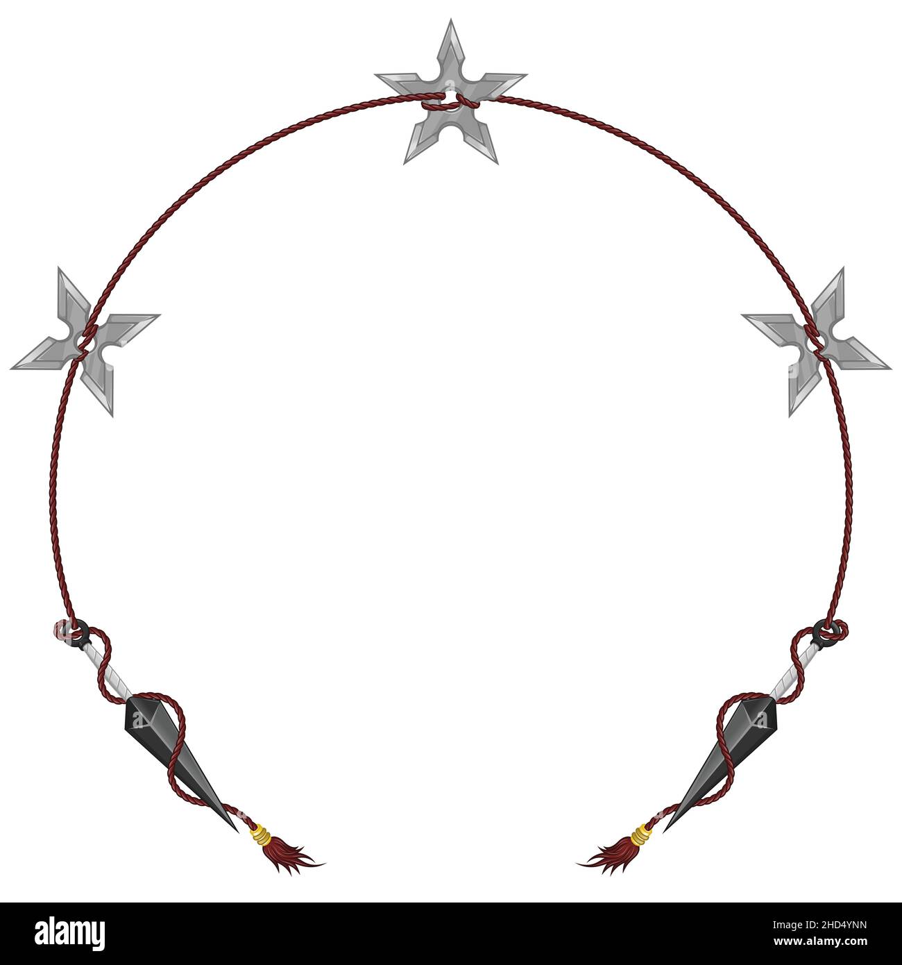 Kunai et Shuriken ninja arme design attaché dans la corde en forme de cercle Illustration de Vecteur